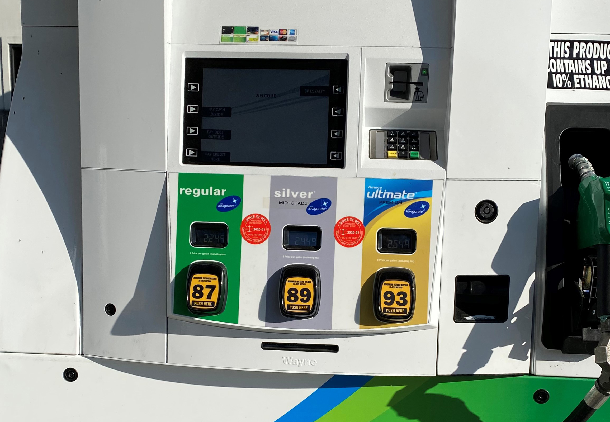 BP fuel pump at Petersburg Oil Company offering Regular 87, Silver 89, and Amoco Ultimate 93 octane gasoline. -petersburgoil.com